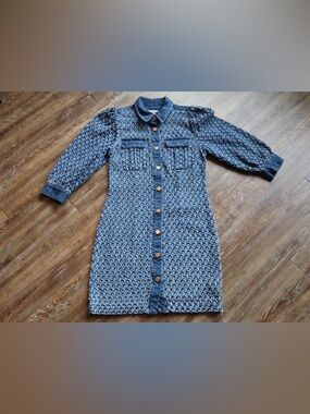 Essentiel Antwerp Womens Textured Blue Perforated Denim Novelty Shirt Dress 38